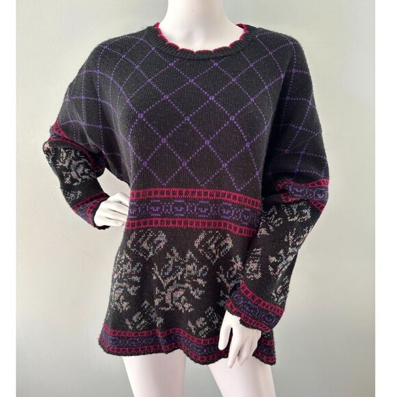 80s Vintage Geometric Floral Knit Sweater Black with Purple and Pink size XL - Picture 1 of 8